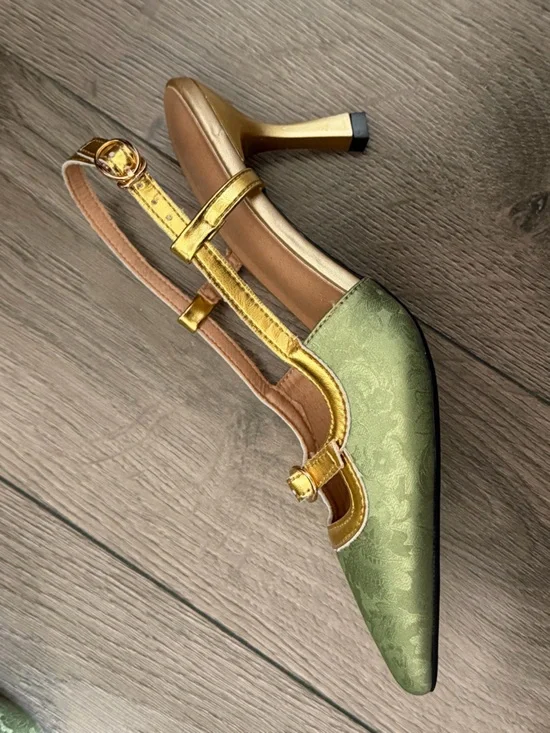 Green Satin Pointed Toe Slingback Heels with Gold Trim - Picture 2 of 3